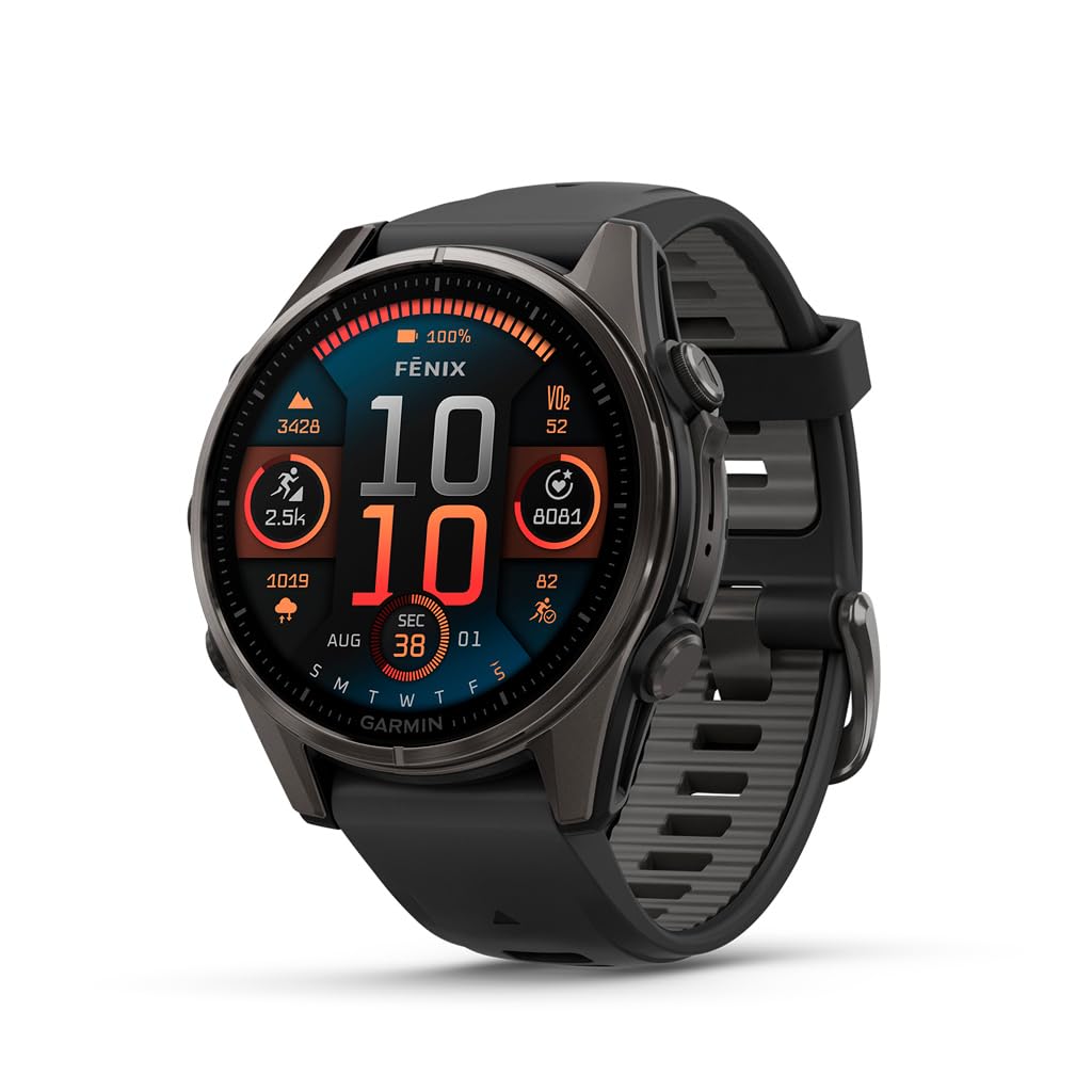 Garmin fēnix® 8 – 47 mm,Solar,Sapphire,Premium Multisport GPS Smartwatch, Long-Lasting Battery Life,Dive-Rated, Built-in LED Flashlight, Carbon Gray DLC Titanium Bezel Black/Pebble Gray Silicone Band