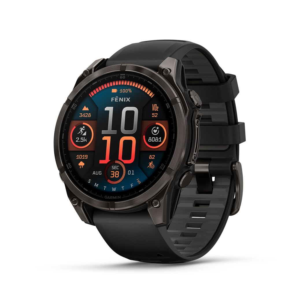 Garmin fēnix® 8 – 47 mm,Solar,Sapphire,Premium Multisport GPS Smartwatch, Long-Lasting Battery Life,Dive-Rated, Built-in LED Flashlight, Carbon Gray DLC Titanium Bezel Black/Pebble Gray Silicone Band