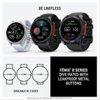 Garmin fēnix® 8 – 47 mm,Solar,Sapphire,Premium Multisport GPS Smartwatch, Long-Lasting Battery Life,Dive-Rated, Built-in LED Flashlight, Carbon Gray DLC Titanium Bezel Black/Pebble Gray Silicone Band