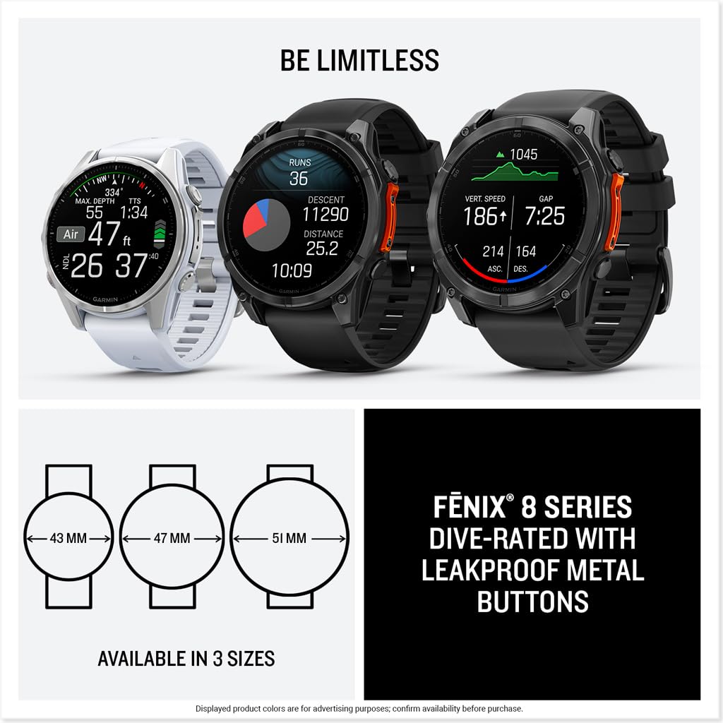 Garmin fēnix® 8 – 47 mm,Solar,Sapphire,Premium Multisport GPS Smartwatch, Long-Lasting Battery Life,Dive-Rated, Built-in LED Flashlight, Carbon Gray DLC Titanium Bezel Black/Pebble Gray Silicone Band