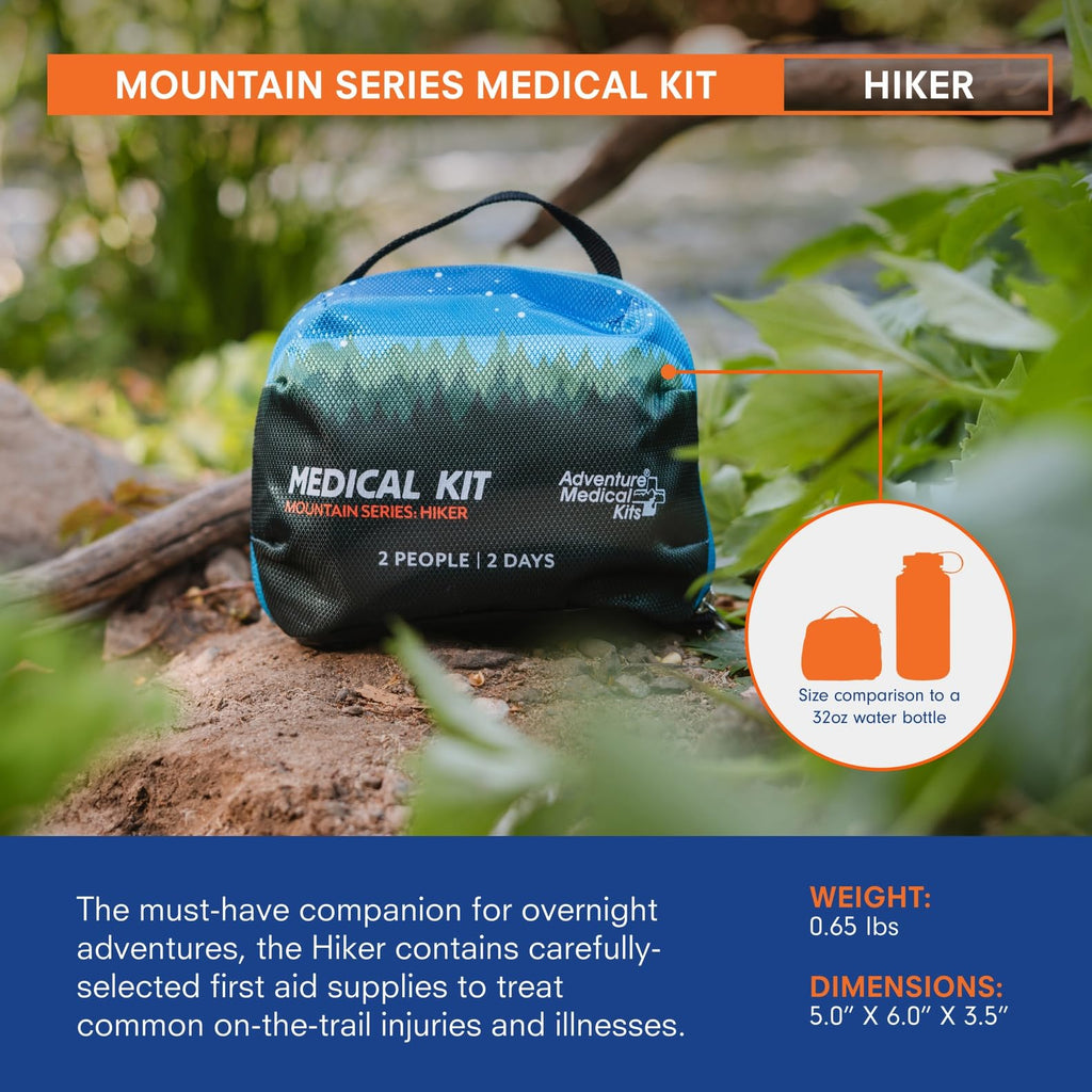 Adventure Medical Kits Mountain Series Medical Kit - Hiker - Emergency Medical First Aid Kit - For 2 People for 2 Days - Comes with a Trauma Pad, Medicine, Guide Book & More