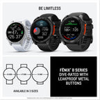 Garmin fēnix® 8 – 47 mm,Solar,Sapphire,Premium Multisport GPS Smartwatch, Long-Lasting Battery Life,Dive-Rated, Built-in LED Flashlight, Carbon Gray DLC Titanium Bezel Black/Pebble Gray Silicone Band