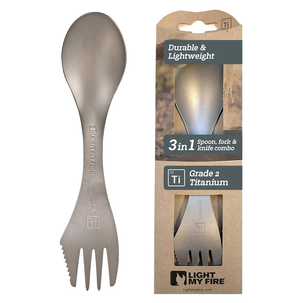 Light My Fire Titanium Spork Camping Spoon Fork Knife Combo Reusable Travel & Camping Utensils - Unbreakable Non-Toxic BPA Free Outdoor Backpacking Hiking Picnic Utensil, 1 Metal Spork