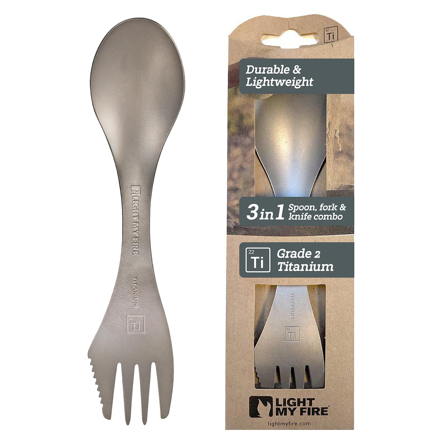 Light My Fire Titanium Spork Camping Spoon Fork Knife Combo Reusable Travel & Camping Utensils - Unbreakable Non-Toxic BPA Free Outdoor Backpacking Hiking Picnic Utensil, 1 Metal Spork