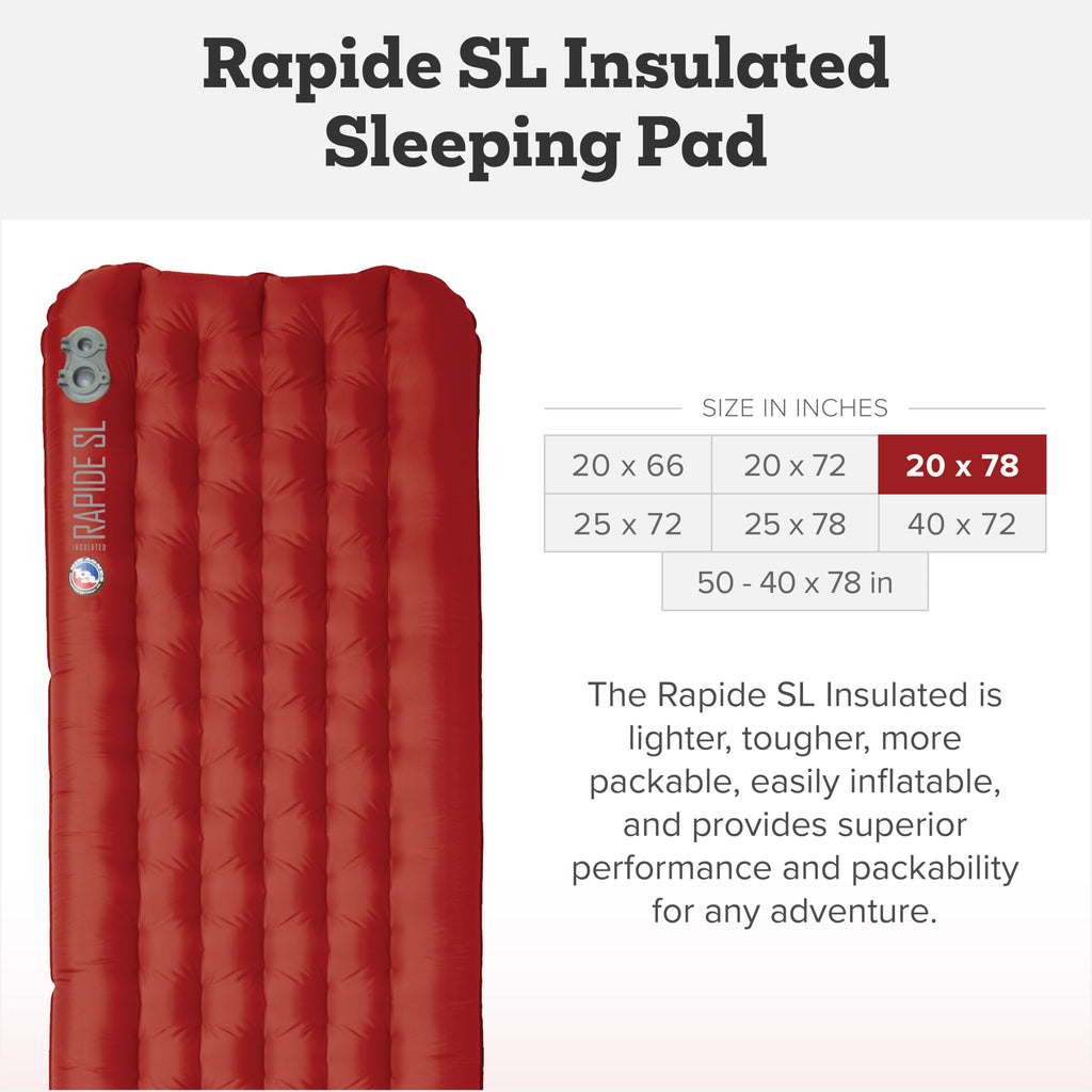 Big Agnes Rapide SL - Insulated Sleeping Pad, Ultralight, All Season Compact Backpacking and Hiking, Pumphouse Sack Included, Orange, 20x72 Regular