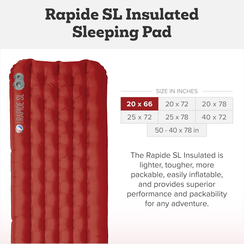 Big Agnes Rapide SL - Insulated Sleeping Pad, Ultralight, All Season Compact Backpacking and Hiking, Pumphouse Sack Included, Orange, 20x72 Regular