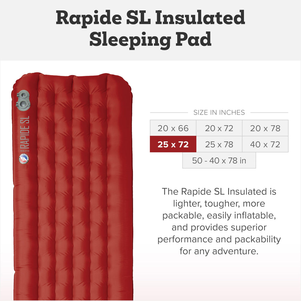 Big Agnes Rapide SL - Insulated Sleeping Pad, Ultralight, All Season Compact Backpacking and Hiking, Pumphouse Sack Included, Orange, 20x72 Regular