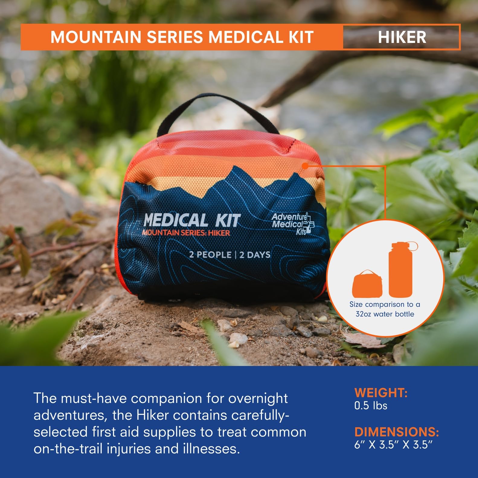 Adventure Medical Kits Mountain Series Medical Kit - Hiker - Emergency Medical First Aid Kit - For 2 People for 2 Days - Comes with a Trauma Pad, Medicine, Guide Book & More
