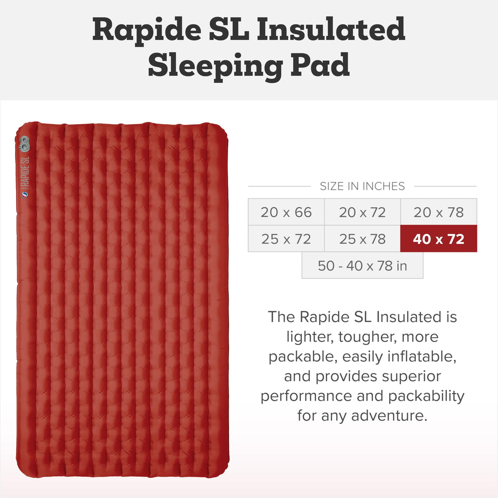 Big Agnes Rapide SL - Insulated Sleeping Pad, Ultralight, All Season Compact Backpacking and Hiking, Pumphouse Sack Included, Orange, 20x72 Regular