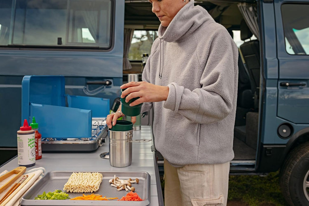 Stanley Wildfare Go 4-Piece Stainless Steel Two Cup Cook Set | 32 oz Pot and Lid with Fold & Lock Handle | 2 Stacking Cups | Camping Essentials for Your Camp Kitchen | BPA-Free | Shale + Charcoal