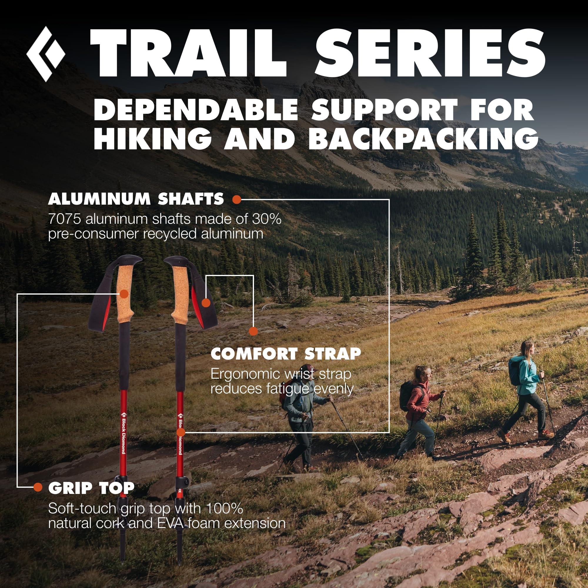 BLACK DIAMOND Trail Trekking Poles (Pair) | Lightweight Aluminum Hiking Poles | Natural, Cork, or Foam Grips | FlickLock Adjustable Shafts for All-Season Stability